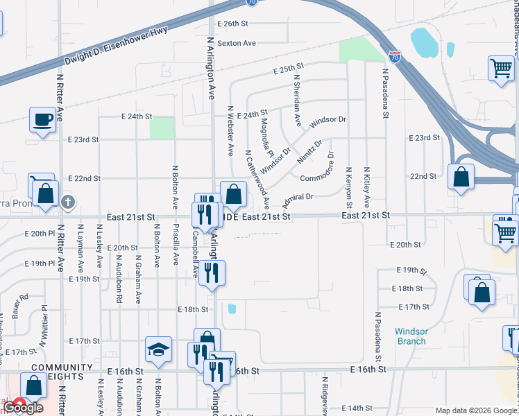 map of restaurants, bars, coffee shops, grocery stores, and more near 6104 East 21st Street in Indianapolis