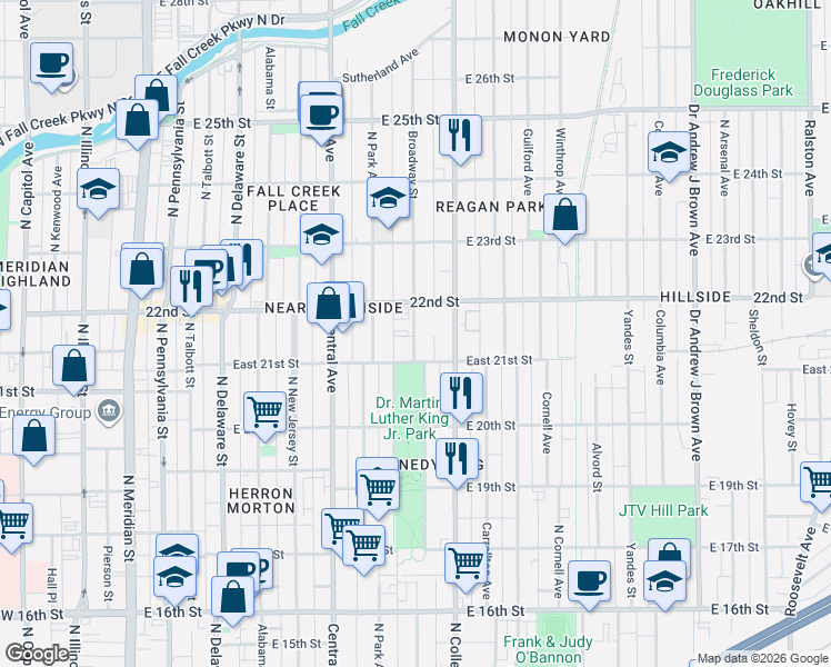 map of restaurants, bars, coffee shops, grocery stores, and more near 2124 Broadway Street in Indianapolis