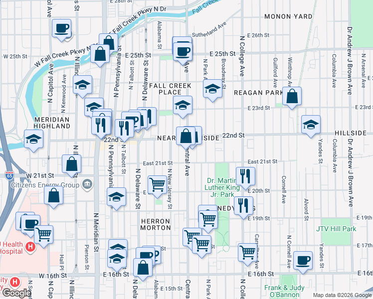 map of restaurants, bars, coffee shops, grocery stores, and more near in Indianapolis