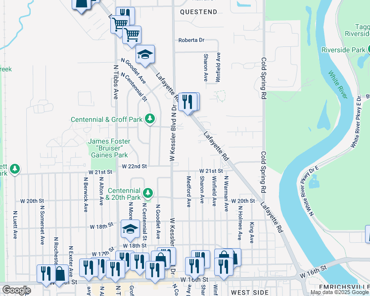 map of restaurants, bars, coffee shops, grocery stores, and more near 2121 Medford Avenue in Indianapolis