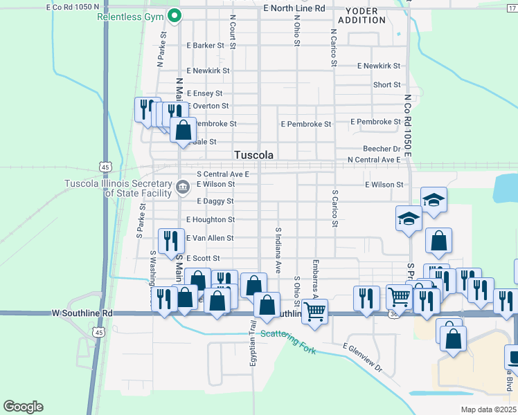 map of restaurants, bars, coffee shops, grocery stores, and more near 307 South Niles Avenue in Tuscola