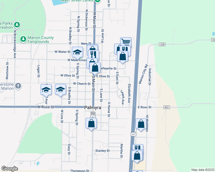 map of restaurants, bars, coffee shops, grocery stores, and more near 422 South Home Street in Palmyra