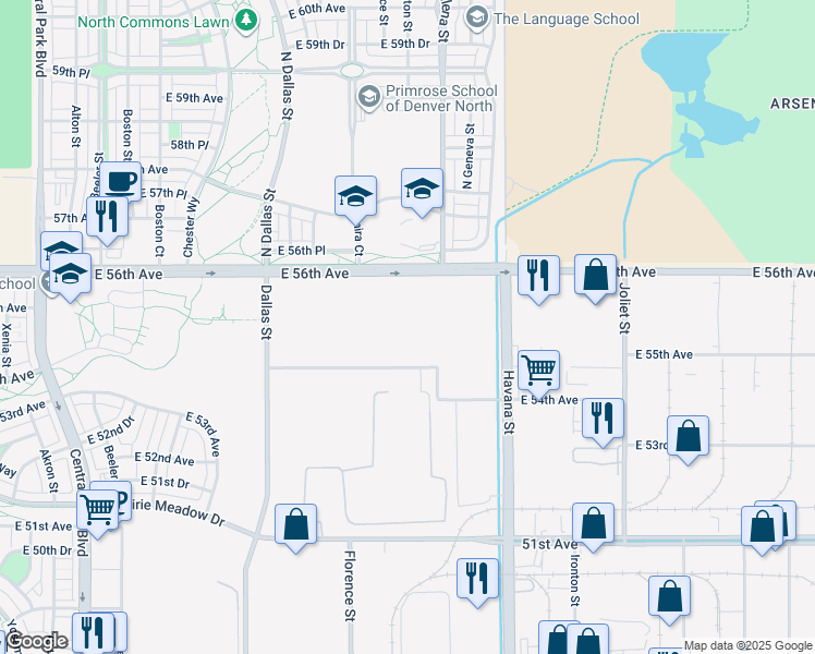 map of restaurants, bars, coffee shops, grocery stores, and more near 10000 East 56th Avenue in Denver