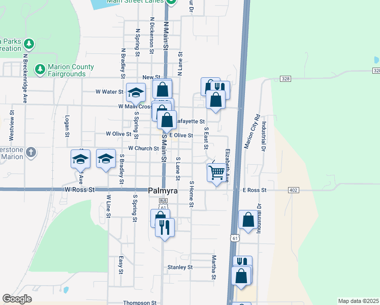 map of restaurants, bars, coffee shops, grocery stores, and more near 422 South Home Street in Palmyra