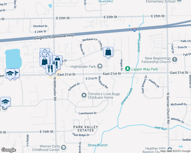 map of restaurants, bars, coffee shops, grocery stores, and more near 2033 Rockford Road in Indianapolis