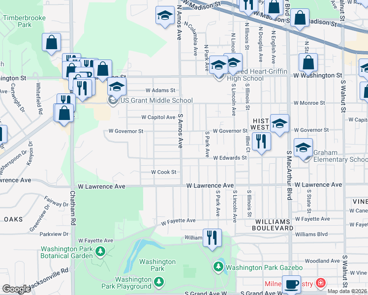 map of restaurants, bars, coffee shops, grocery stores, and more near 530 South Amos Avenue in Springfield
