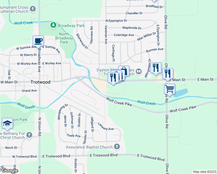 map of restaurants, bars, coffee shops, grocery stores, and more near 702 East Main Street in Dayton