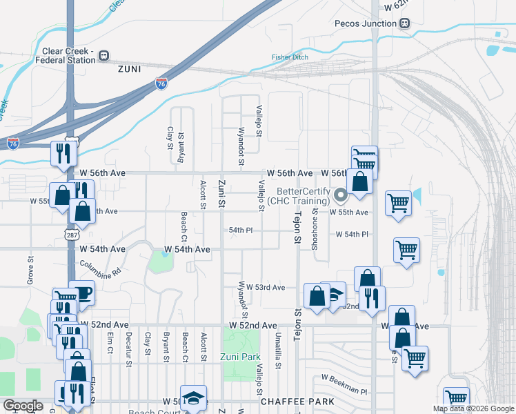 map of restaurants, bars, coffee shops, grocery stores, and more near 2201 West 55th Avenue in Denver