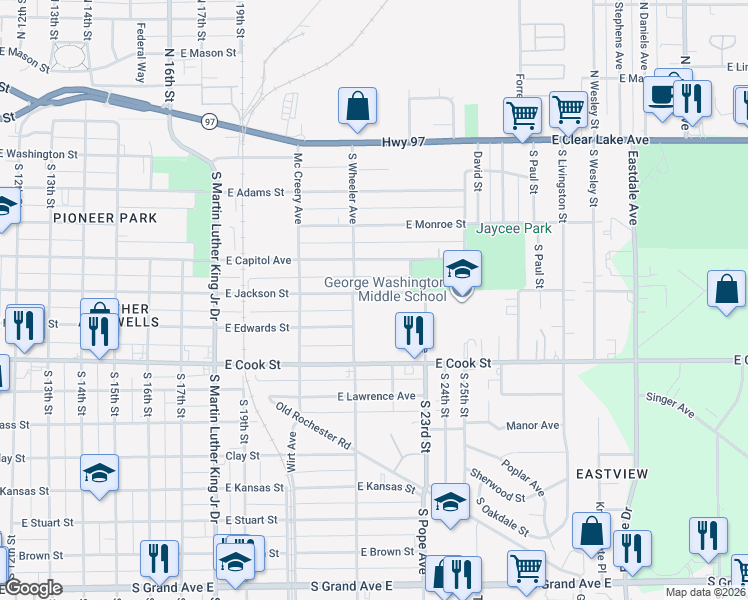 map of restaurants, bars, coffee shops, grocery stores, and more near 2114 East Jackson Street in Springfield