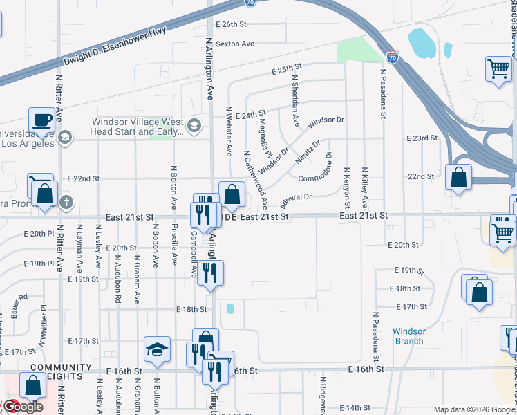 map of restaurants, bars, coffee shops, grocery stores, and more near 6046 East 21st Street in Indianapolis