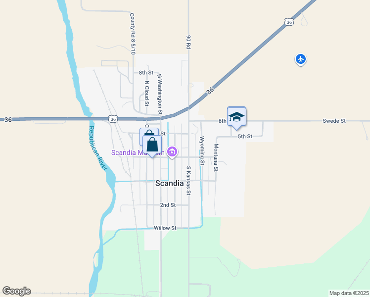 map of restaurants, bars, coffee shops, grocery stores, and more near 405 South Kansas Street in Scandia