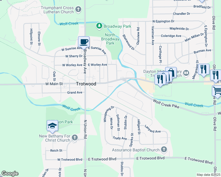 map of restaurants, bars, coffee shops, grocery stores, and more near 2 Mario Drive in Trotwood