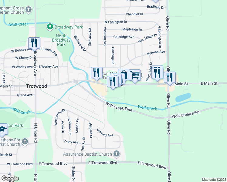 map of restaurants, bars, coffee shops, grocery stores, and more near 702 East Main Street in Dayton