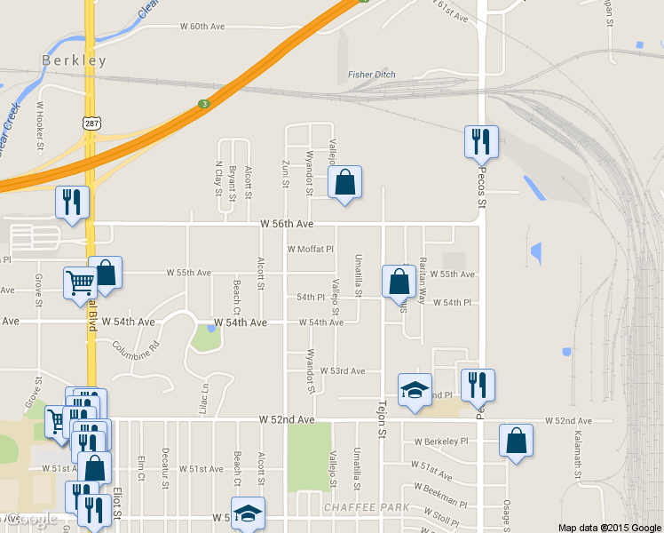 map of restaurants, bars, coffee shops, grocery stores, and more near 2201 West 55th Avenue in Denver