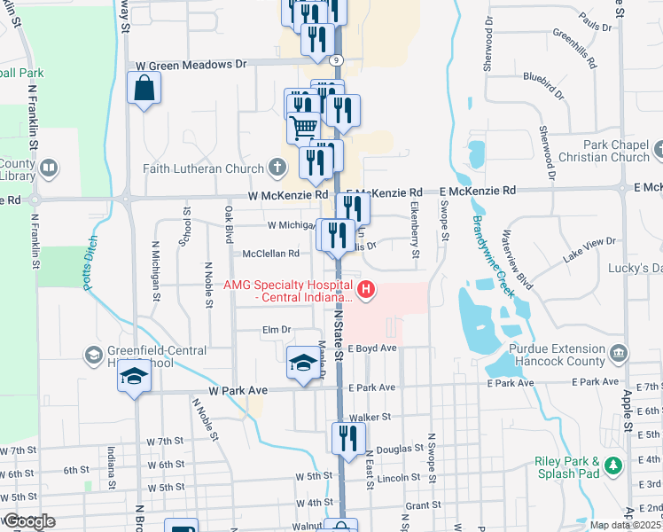 map of restaurants, bars, coffee shops, grocery stores, and more near 946 North State Street in Greenfield