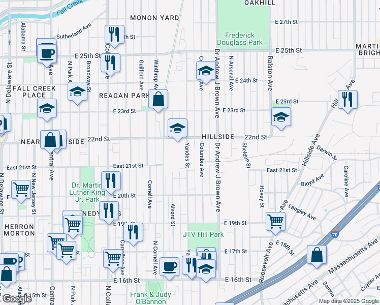 map of restaurants, bars, coffee shops, grocery stores, and more near 2115 Yandes Street in Indianapolis