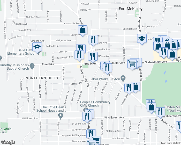 map of restaurants, bars, coffee shops, grocery stores, and more near 2765 Wentworth Avenue in Dayton