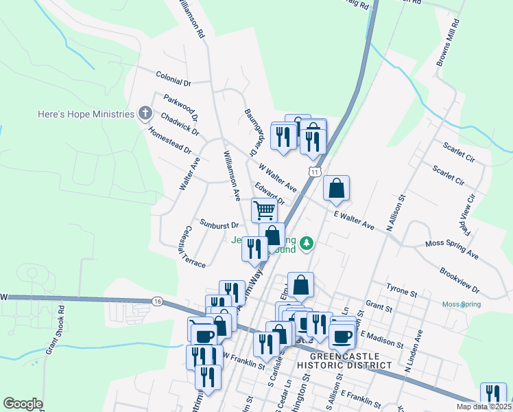 map of restaurants, bars, coffee shops, grocery stores, and more near 38 Jeffrey Drive in Greencastle