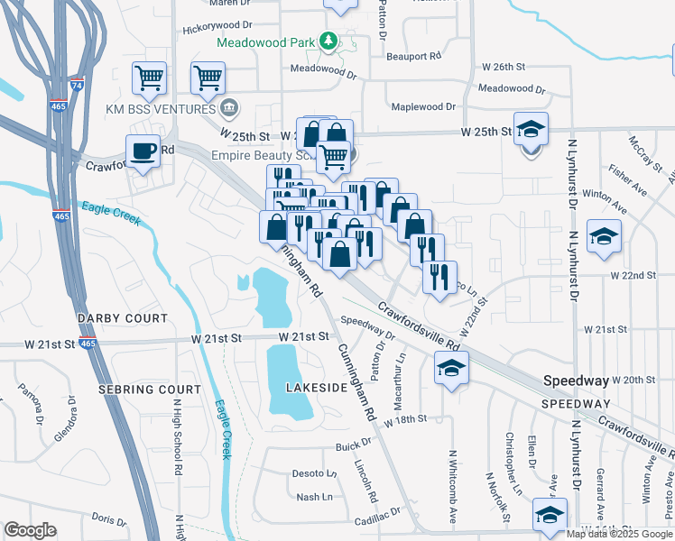 map of restaurants, bars, coffee shops, grocery stores, and more near 5639 Crawfordsville Road in Speedway