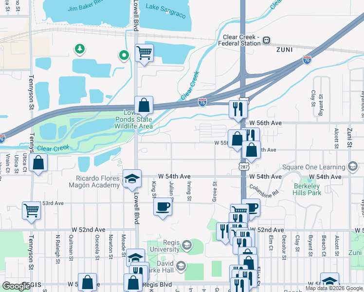 map of restaurants, bars, coffee shops, grocery stores, and more near 3334 West 55th Place in Denver