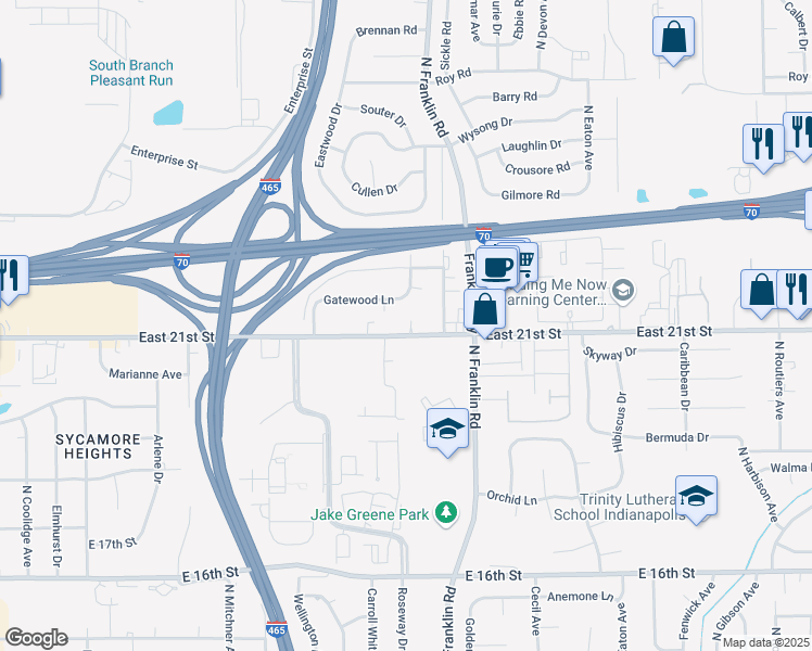 map of restaurants, bars, coffee shops, grocery stores, and more near 7920 East 21st Street in Indianapolis