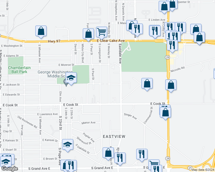 map of restaurants, bars, coffee shops, grocery stores, and more near 503 South Wesley Street in Springfield