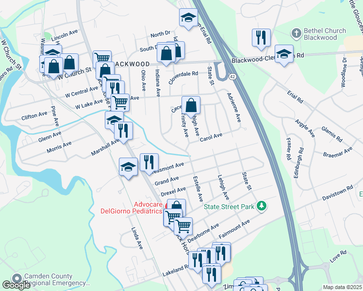map of restaurants, bars, coffee shops, grocery stores, and more near 189 Indiana Avenue in Gloucester Township