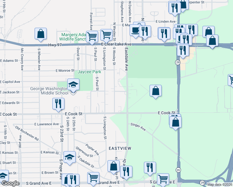 map of restaurants, bars, coffee shops, grocery stores, and more near 506 South Wesley Street in Springfield