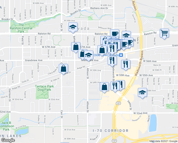 map of restaurants, bars, coffee shops, grocery stores, and more near 5467 Zephyr Court in Arvada