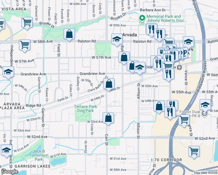 map of restaurants, bars, coffee shops, grocery stores, and more near 5487 Balsam Court in Arvada