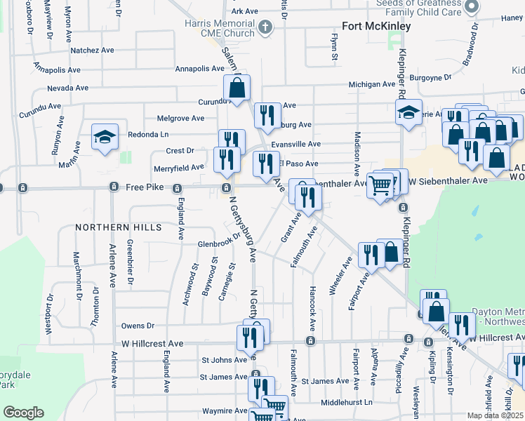 map of restaurants, bars, coffee shops, grocery stores, and more near 2765 Wentworth Avenue in Dayton