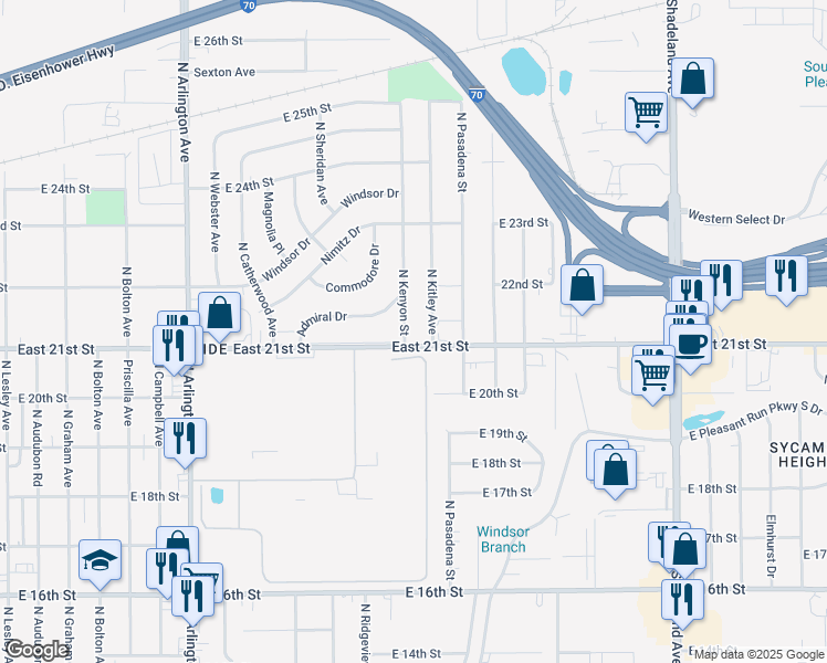 map of restaurants, bars, coffee shops, grocery stores, and more near in Indianapolis