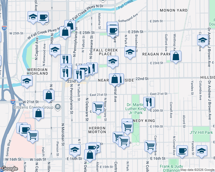 map of restaurants, bars, coffee shops, grocery stores, and more near 2125 North New Jersey Street in Indianapolis