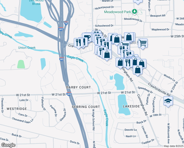 map of restaurants, bars, coffee shops, grocery stores, and more near 2100-2248 Eagleview Drive in Speedway