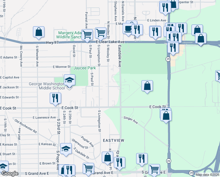 map of restaurants, bars, coffee shops, grocery stores, and more near 506 South Wesley Street in Springfield