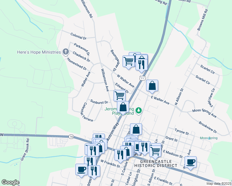 map of restaurants, bars, coffee shops, grocery stores, and more near 38 Jeffrey Drive in Greencastle