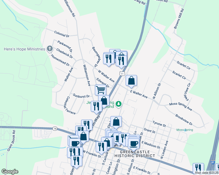 map of restaurants, bars, coffee shops, grocery stores, and more near 12 Edward Drive in Greencastle