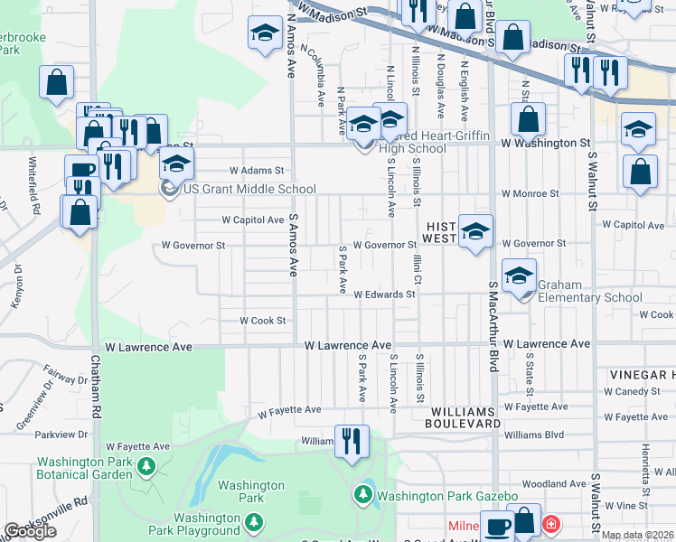 map of restaurants, bars, coffee shops, grocery stores, and more near 1401 West Edwards Street in Springfield