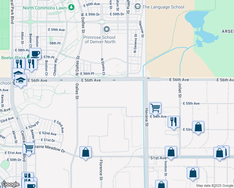 map of restaurants, bars, coffee shops, grocery stores, and more near 10000 East 56th Avenue in Denver