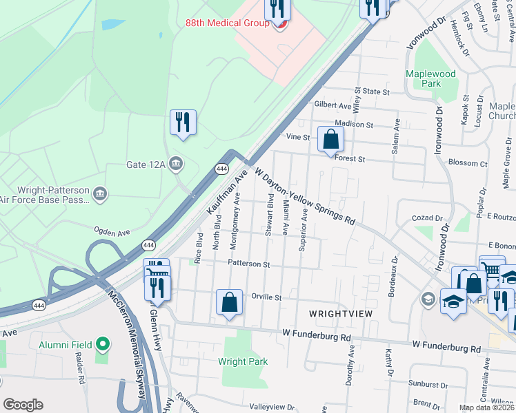 map of restaurants, bars, coffee shops, grocery stores, and more near 1631 Wilbur Avenue in Fairborn