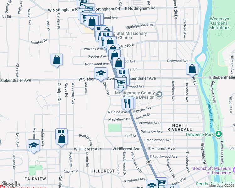 map of restaurants, bars, coffee shops, grocery stores, and more near 3335 North Main Street in Dayton