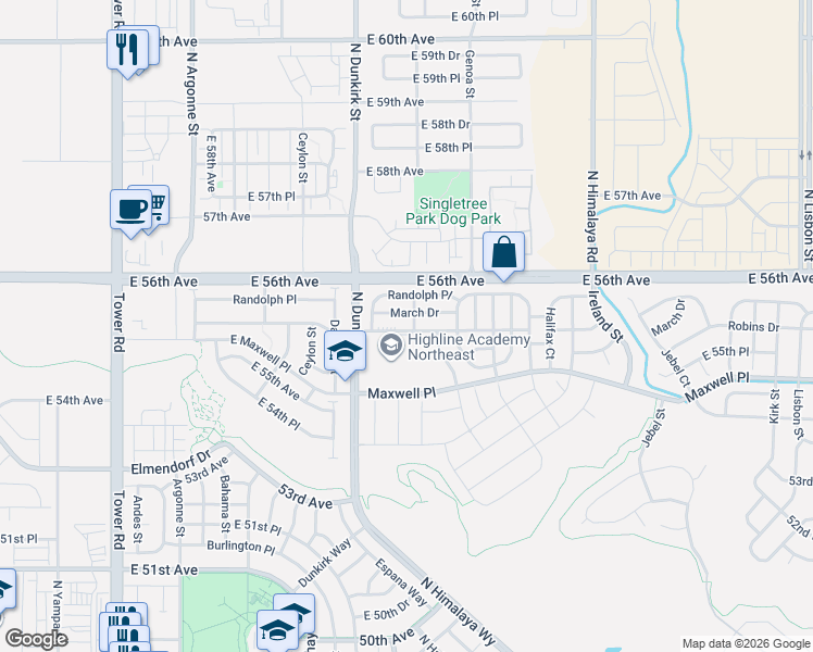 map of restaurants, bars, coffee shops, grocery stores, and more near 19505 Robins Drive in Denver