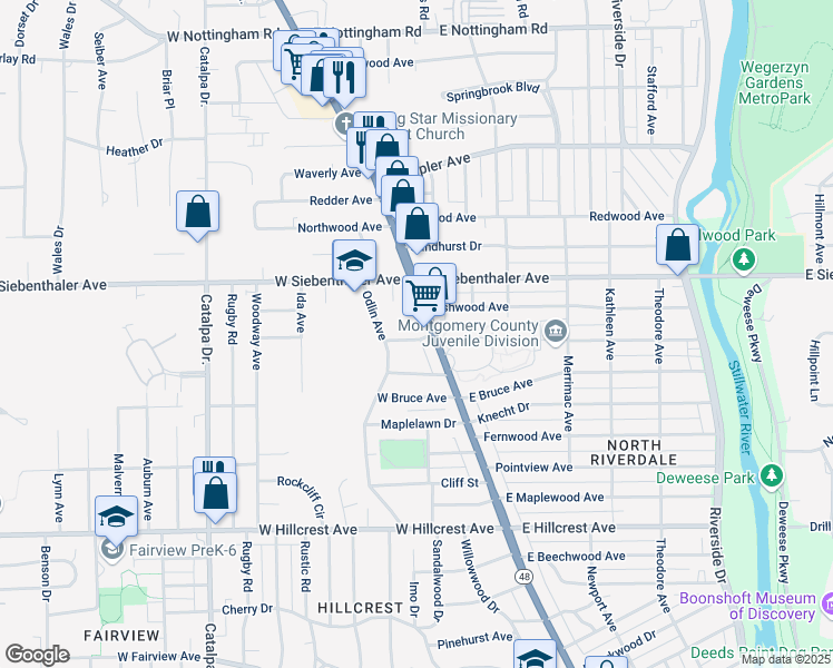 map of restaurants, bars, coffee shops, grocery stores, and more near 3335 North Main Street in Dayton