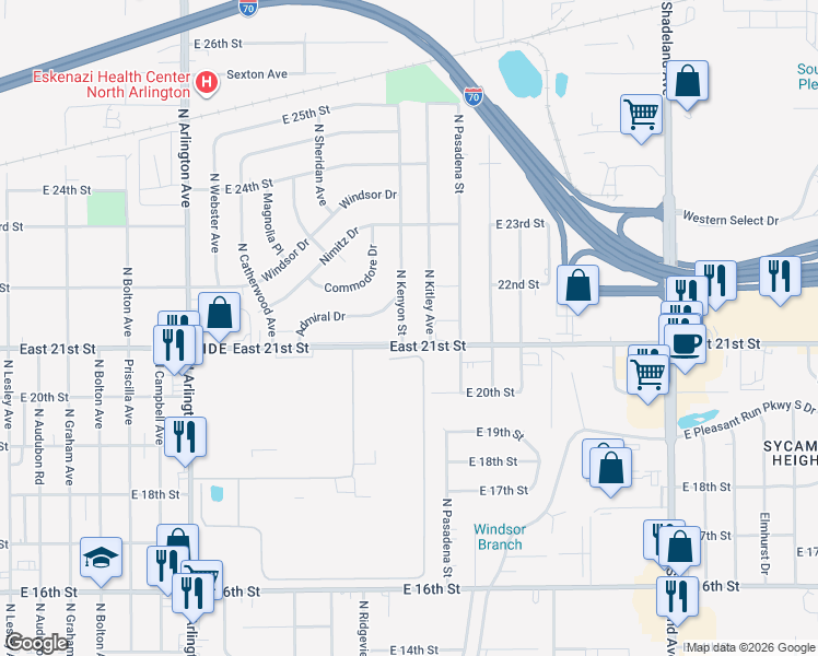 map of restaurants, bars, coffee shops, grocery stores, and more near 6244 East 21st Street in Indianapolis