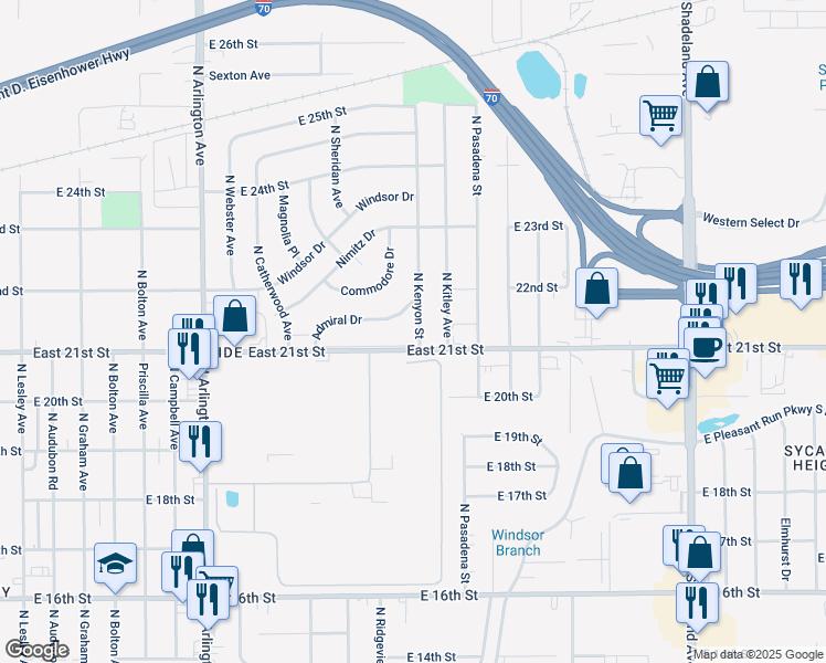 map of restaurants, bars, coffee shops, grocery stores, and more near 6244 East 21st Street in Indianapolis