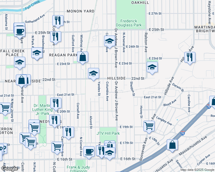 map of restaurants, bars, coffee shops, grocery stores, and more near 2100 Columbia Avenue in Indianapolis