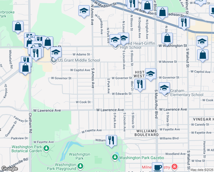 map of restaurants, bars, coffee shops, grocery stores, and more near 1401 West Edwards Street in Springfield