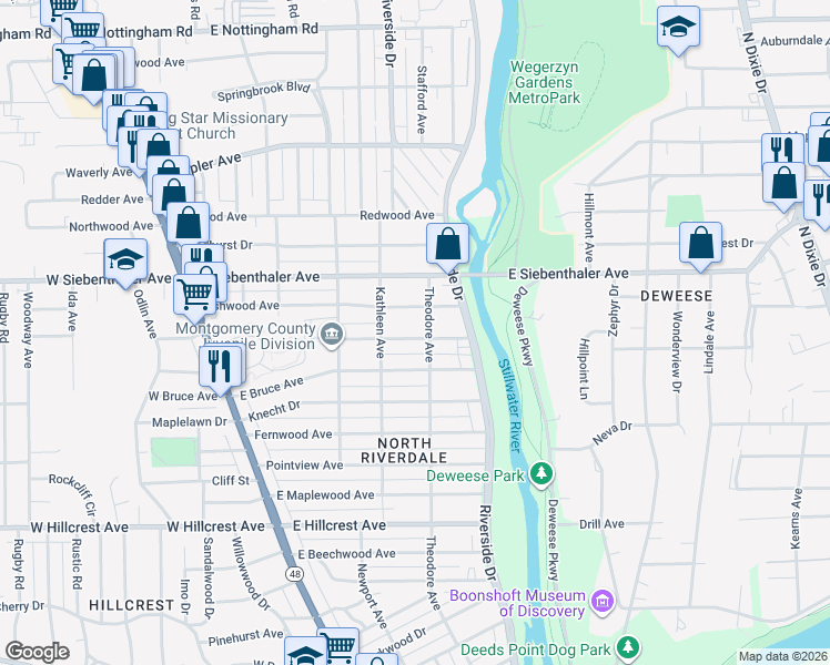 map of restaurants, bars, coffee shops, grocery stores, and more near 336 Ryburn Avenue in Dayton