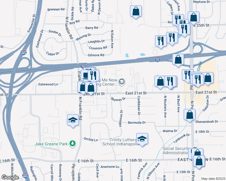 map of restaurants, bars, coffee shops, grocery stores, and more near 6134 East 21st Street in Indianapolis