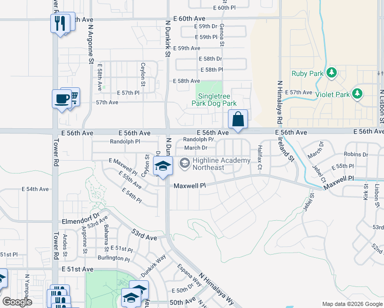 map of restaurants, bars, coffee shops, grocery stores, and more near 19505 Robins Drive in Denver